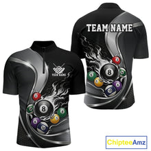 Load image into Gallery viewer, Front and back mockup of a mens black and silver billiard quarter zip with metallic ribbons, dark honeycomb graphics, and a flaming 8-ball