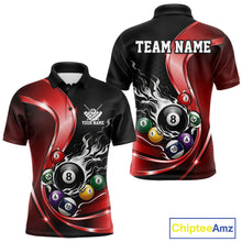 Load image into Gallery viewer, Mens black and red billiard polo mockup shown from front and back with metallic ribbon artwork, a dark honeycomb background, and a flaming 8-ball design