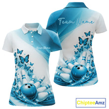 Load image into Gallery viewer, Front and back mockup of a womens white and blue bowling polo featuring butterfly artwork and bowling-themed graphics
