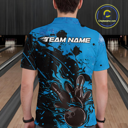 Custom Blue Flame Bowling Men Polo Shirts, Splatter Bowling Team Tournament Shirt IPHW9933