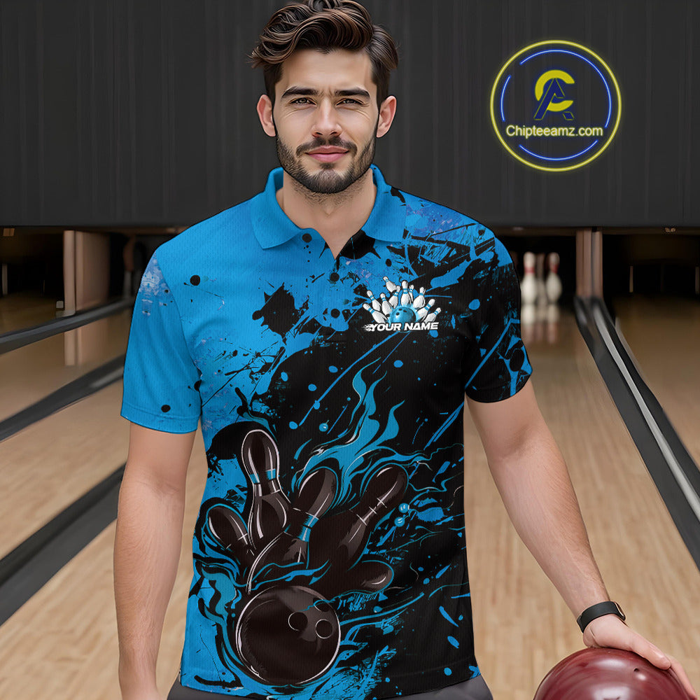 Custom Blue Flame Bowling Men Polo Shirts, Splatter Bowling Team Tournament Shirt IPHW9933