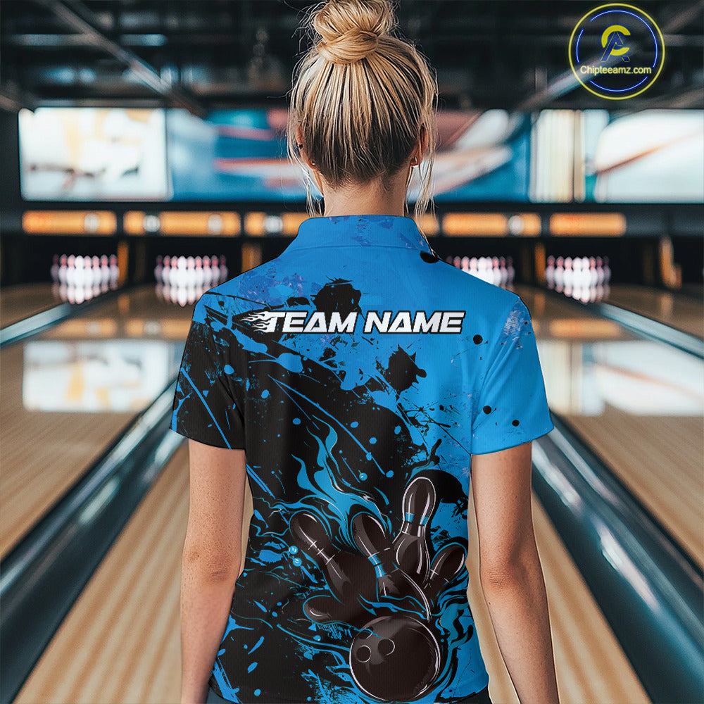 Custom Blue Flame Bowling Women Polo Shirt, Splatter Bowling Team Tournament Shirt IPHW9933