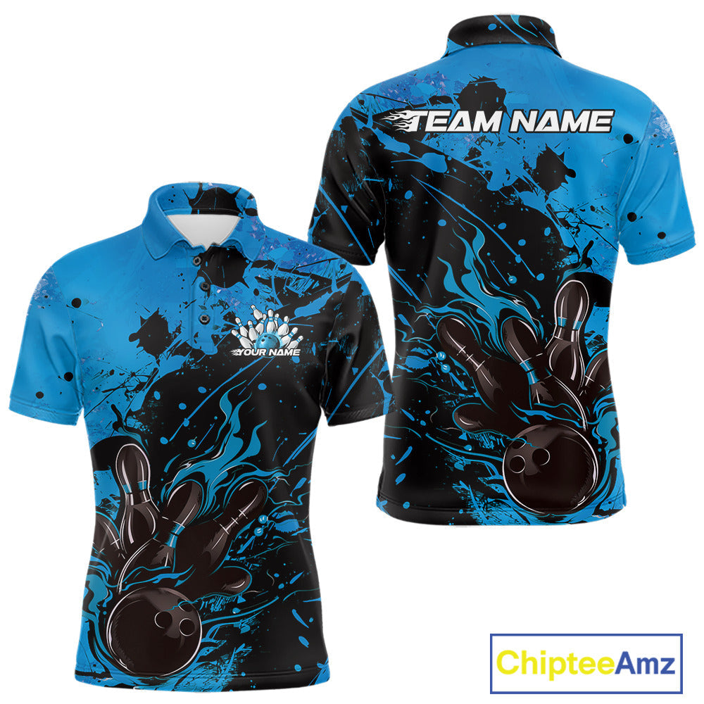 Custom Blue Flame Bowling Men Polo Shirts, Splatter Bowling Team Tournament Shirt IPHW9933