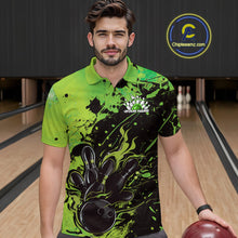 Load image into Gallery viewer, Custom Green Flame Bowling Men Polo Shirts, Splatter Bowling Team Tournament Shirt IPHW9934