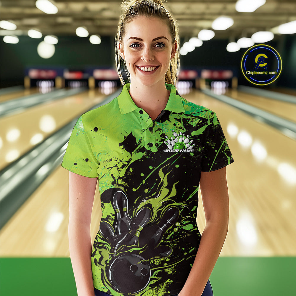 Custom Green Flame Bowling Women Polo Shirts, Splatter Bowling Team Tournament Shirt IPHW9934