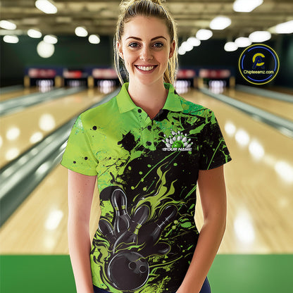 Custom Green Flame Bowling Women Polo Shirts, Splatter Bowling Team Tournament Shirt IPHW9934