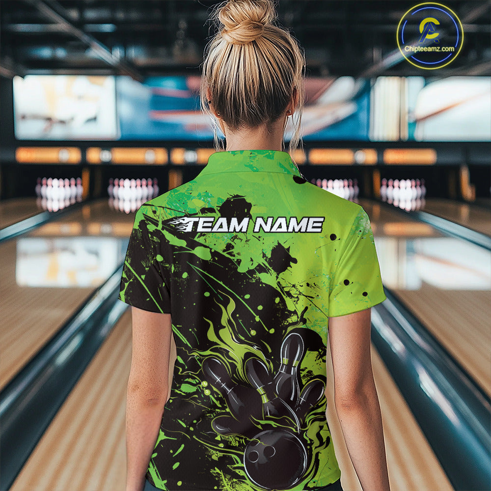 Custom Green Flame Bowling Women Polo Shirts, Splatter Bowling Team Tournament Shirt IPHW9934