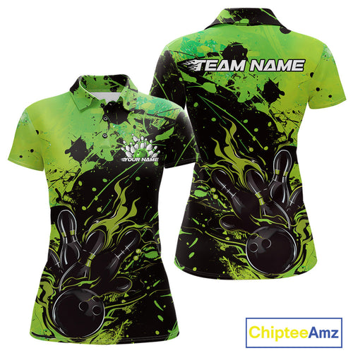 Custom Green Flame Bowling Women Polo Shirts, Splatter Bowling Team Tournament Shirt IPHW9934