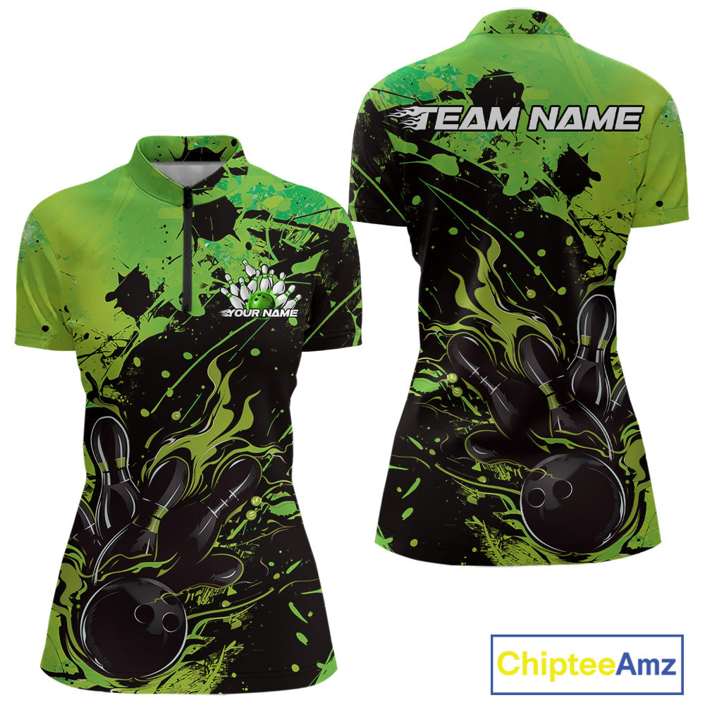 Custom Green Flame Bowling Women Quarter-Zip Shirt, Splatter Bowling Team Shirt IPHW9934
