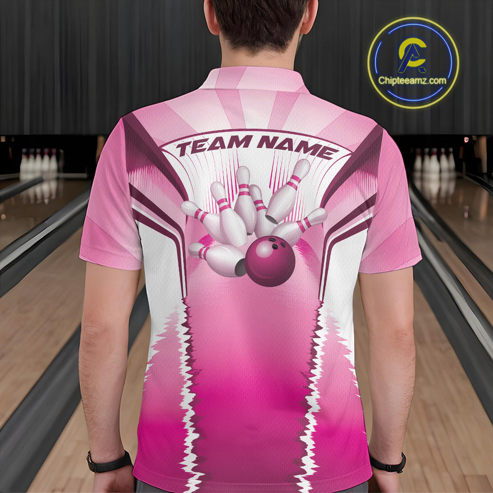 Custom Pink Bowling Team Jerseys, Bowling Uniform Bowling League Polo Shirts For Men IPHW9936