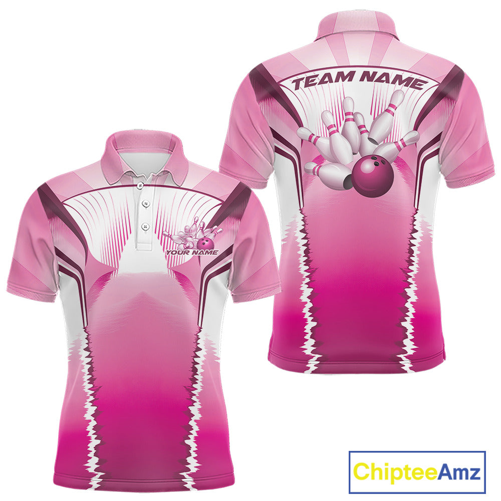 Custom Pink Bowling Team Jerseys, Bowling Uniform Bowling League Polo Shirts For Men IPHW9936