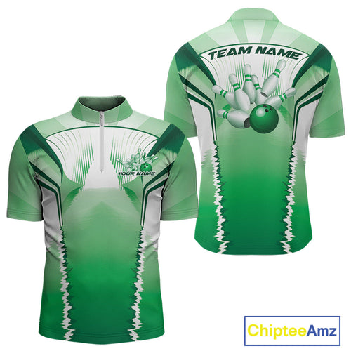 Custom Green Bowling Team Jerseys, Bowling Uniform Bowling League Quarter-Zip Shirts For Men IPHW9938