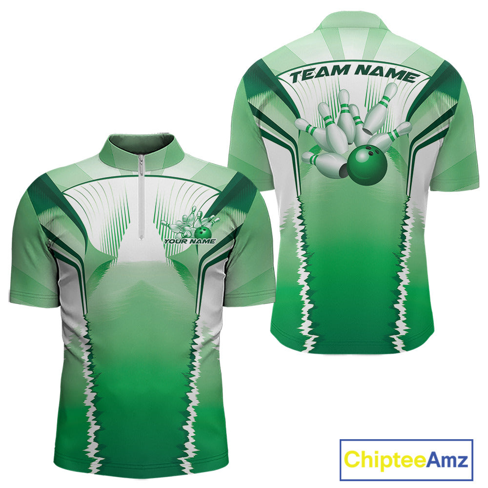 Custom Green Bowling Team Jerseys, Bowling Uniform Bowling League Quarter-Zip Shirts For Men IPHW9938