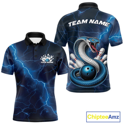 Front and back mens bowling polo featuring a blue cobra snake coiled around a bowling ball with scattered pins and lightning fantasy styling.