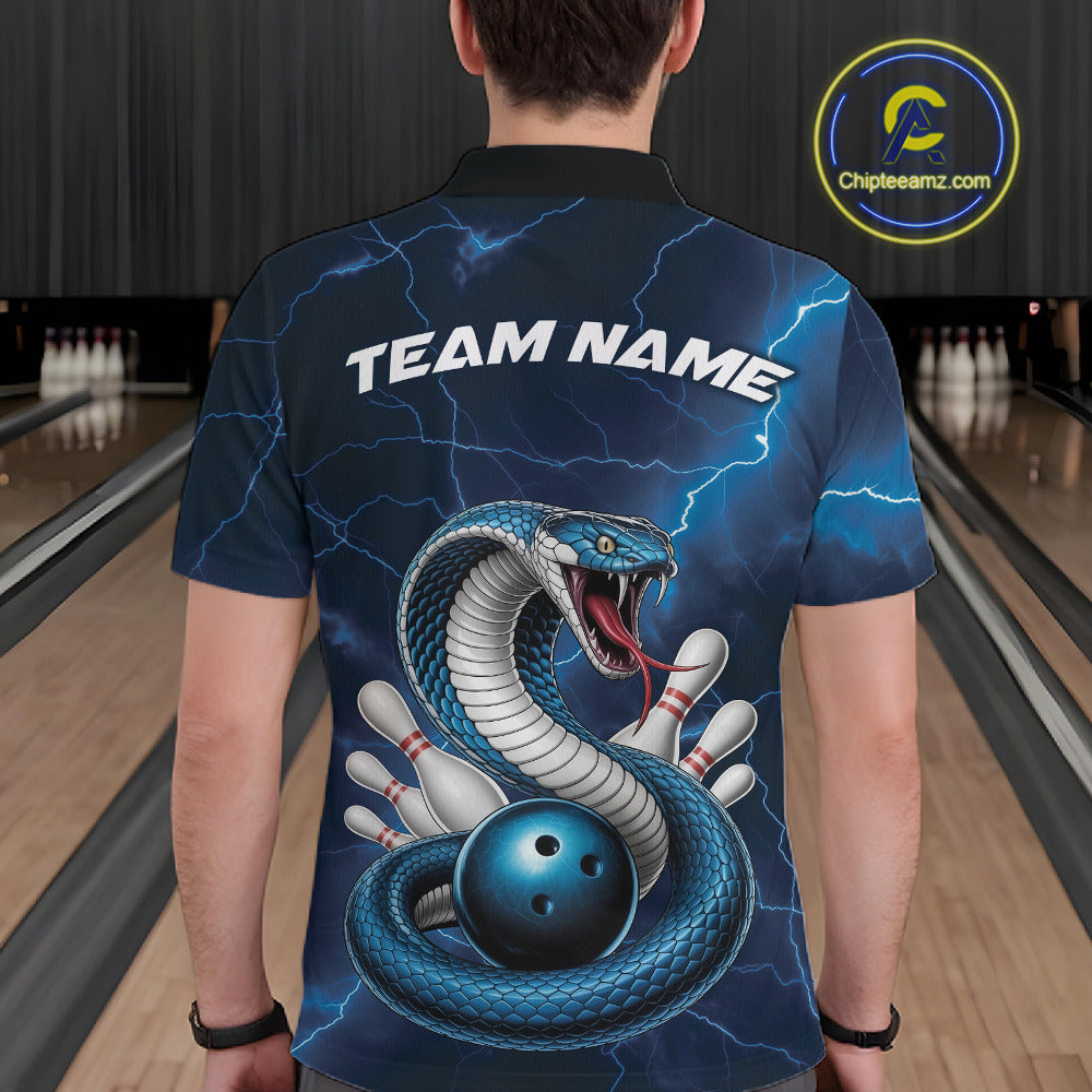 Back view of a mens bowling polo displaying a blue cobra wrapped around a bowling ball with scattered pin graphics.