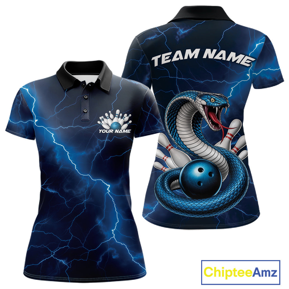 Front and back womens bowling polo featuring a blue cobra snake coiled around a bowling ball with scattered pins and lightning fantasy styling.
