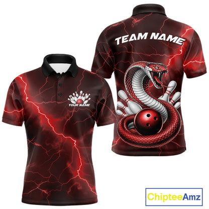 Front and back mens bowling polo featuring a red cobra snake coiled around a bowling ball with scattered bowling pins and fantasy lightning effects.