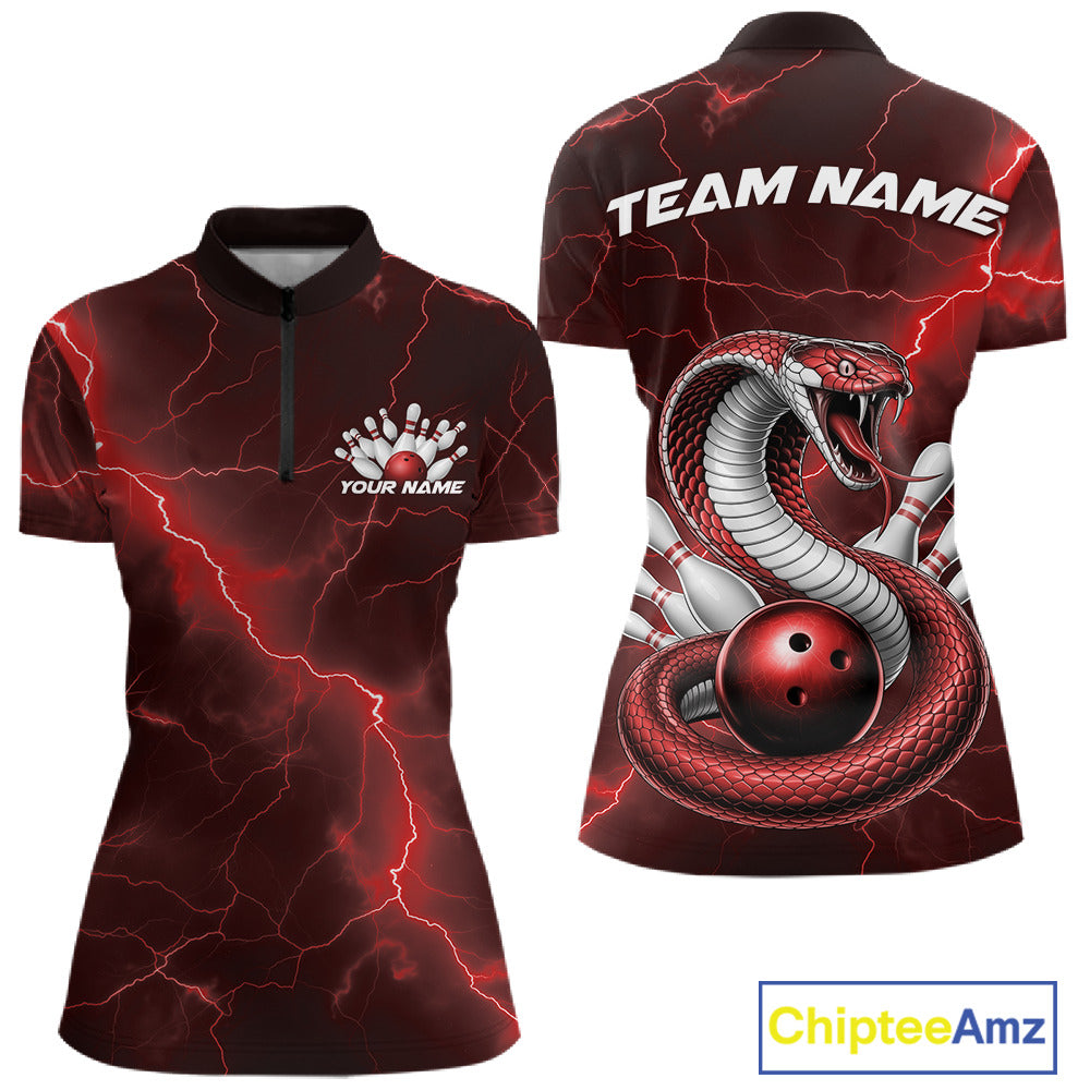Front and back womens bowling quarter-zip featuring a red cobra wrapped around a bowling ball with scattered pins.
