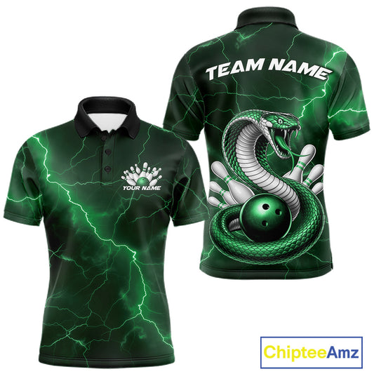 Front and back mens bowling polo featuring a green cobra snake coiled around a bowling ball with scattered pins and lightning fantasy accents.