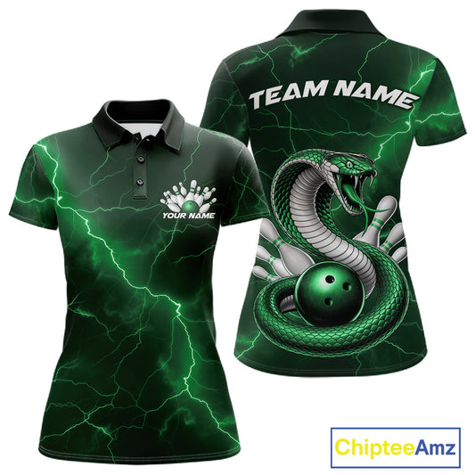 Front and back womens bowling polo featuring a green cobra snake coiled around a bowling ball with scattered pins and lightning fantasy styling.