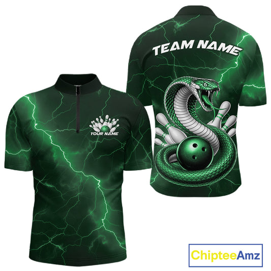Front and back mens bowling quarter-zip featuring a green cobra coiled around a bowling ball with scattered pins.