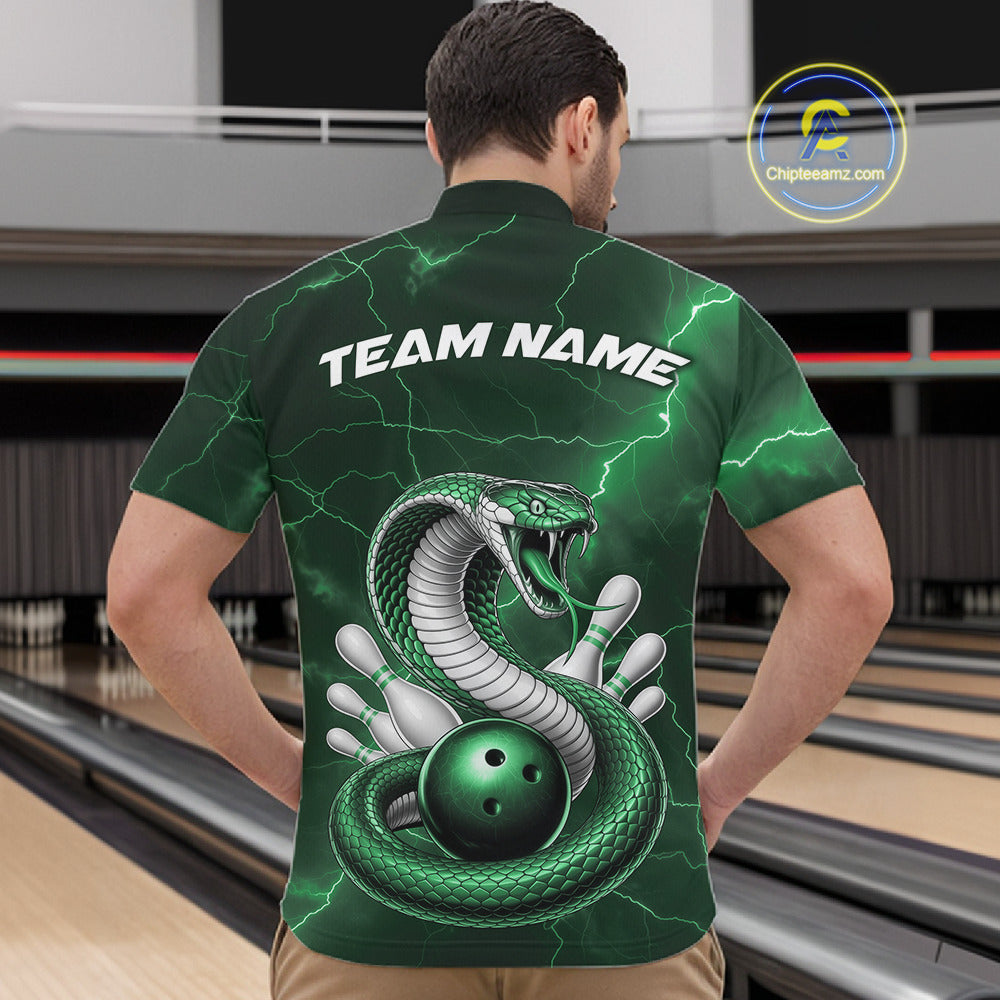 Front view of a mens bowling quarter-zip showcasing green cobra, bowling ball, and scattered pin graphics.
