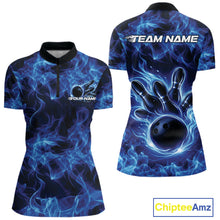 Load image into Gallery viewer, Custom Blue Flame Bowling Women Quarter-Zip Team Shirt, Bowling Tournament Shirt IPHW11081