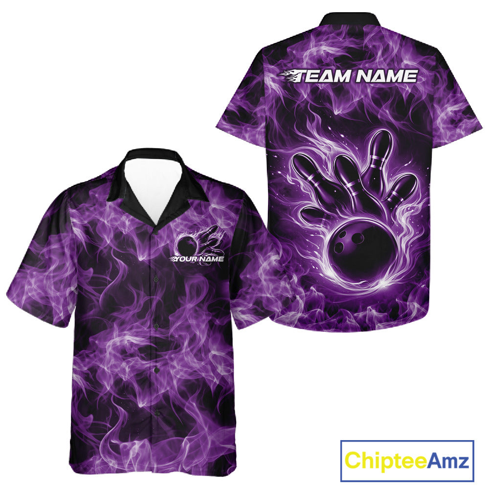 Purple button-up bowling shirt featuring a bowling ball surrounded by flame artwork, shown front and back.