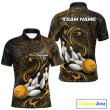 Load image into Gallery viewer, Front and back view of a black and yellow mens bowling polo shirt featuring a tribal flame bowling ball and pins graphic