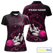 Load image into Gallery viewer, Front and back view of a black and pink womens bowling polo shirt featuring a tribal flame bowling ball and pins graphic
