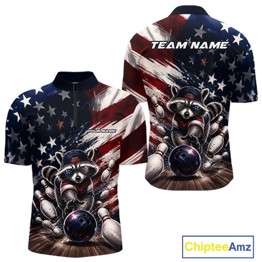 Front and back views of a men's bowling quarter-zip shirt mockup featuring a raccoon in patriotic sunglasses rolling a bowling ball through scattered pins against a distressed American flag backdrop.