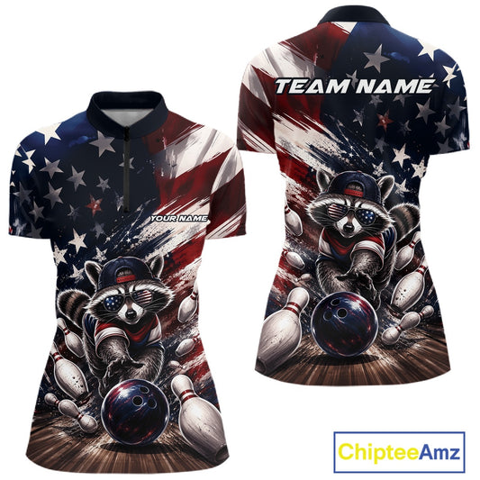 Front and back views of a women's bowling quarter-zip shirt mockup featuring a raccoon in patriotic sunglasses rolling a bowling ball through scattered pins against a distressed American flag backdrop.