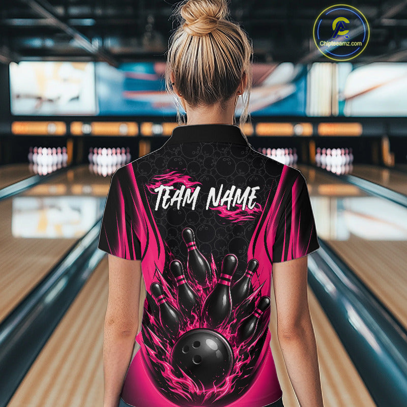 Custom Black And Pink Fire Flame Bowling Jerseys, Bowling Women Quarter-Zip Shirts IPHW11685