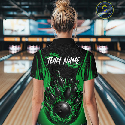 Custom Black And Green Fire Flame Bowling Jerseys, Bowling Women Quarter-Zip Shirts IPHW11688