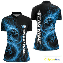 Load image into Gallery viewer, Front and back view of a women's bowling quarter-zip shirt mockup featuring a blue energy-flame skull clutching a bowling ball on a black shirt