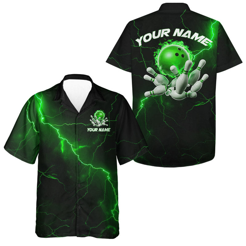 Green Thunder Lightning Flame Bowling Ball Custom Bowling Team Hawaiian Shirts For Men And Women IPHW6717