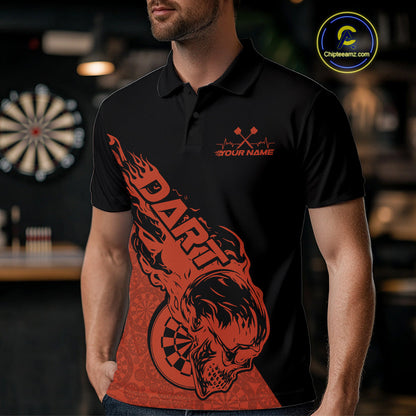 Custom Orange Flame Skull Dartboard Dart Men Polo Shirt, Halloween Dart Team Outfit IPHW9943