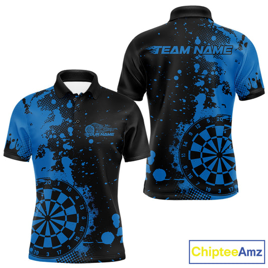 Custom Black And Blue Splatter Dartboard Dart Polo Shirt For Men, Grunge Dart Team Jerseys IPHW9958