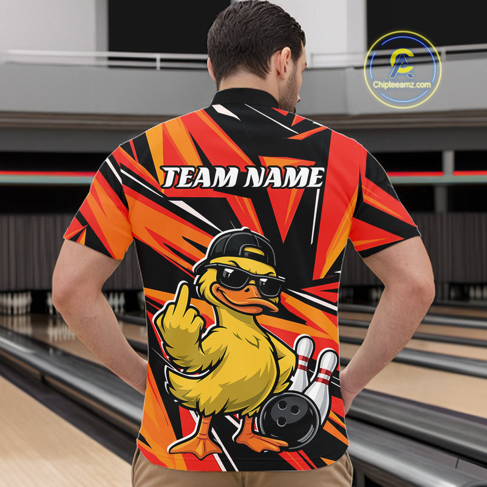 Front view of a mens bowling quarter-zip displaying duck-themed graphics with bowling-inspired artwork.