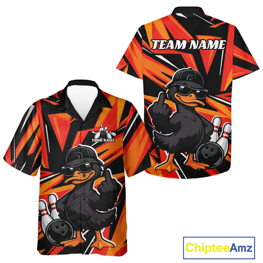 Front and back button-up bowling shirt in black and orange featuring a duck in sunglasses and cap beside bowling pins and a bowling ball.