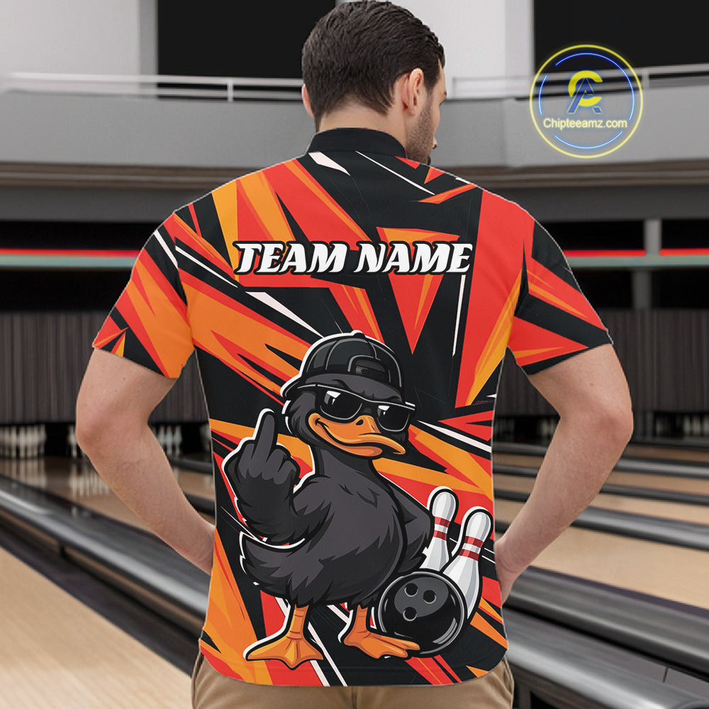Front view of a male model in a black and orange bowling quarter-zip showcasing duck, bowling pin, and bowling ball graphics.