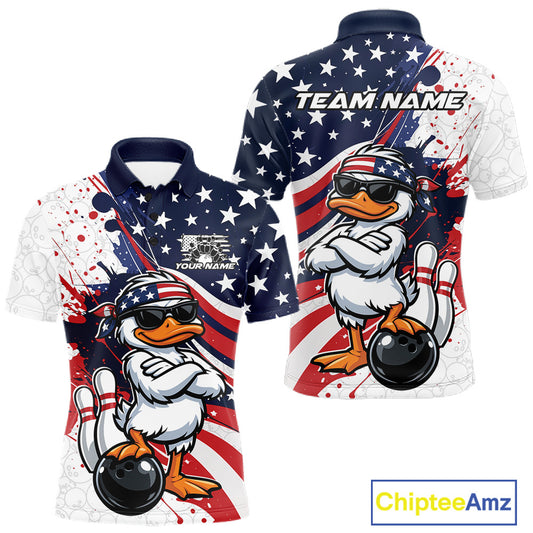 Front and back views of a mens bowling polo mockup showcasing a patriotic duck wearing sunglasses beside a bowling ball.