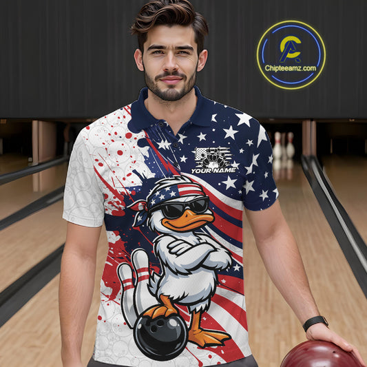 Male model wearing a bowling polo at the bowling lane with patriotic duck graphics and bowling ball artwork.