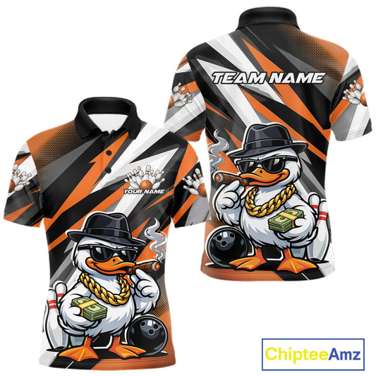 Front and back views of a mens black and orange bowling polo with duck artwork wearing sunglasses and fedora holding cash and a cigar.
