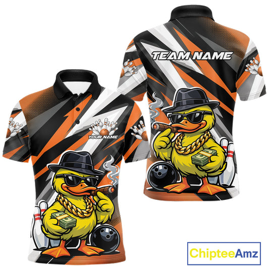 Front and back mens black and orange bowling polo mockup featuring a duck in sunglasses and fedora holding cash and a cigar beside bowling pins.