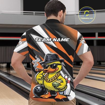 Front view male model in bowling lane wearing quarter-zip shirt featuring duck sunglasses fedora holding cash and cigar illustration