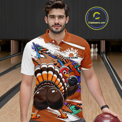 Front view of a male model wearing an orange custom bowling polo shirt featuring a funny graffiti style turkey holding a bowling ball, paint splatter details, and a custom name in a bowling alley.