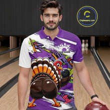Load image into Gallery viewer, Front view of a male model wearing a purple custom bowling polo shirt featuring a funny graffiti style turkey holding a bowling ball, paint splatter details, and a custom name in a bowling alley.