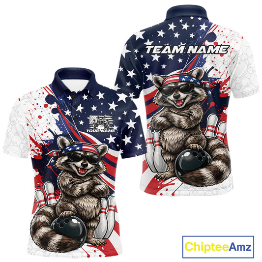 Front and back mens bowling polo mockup featuring a raccoon in sunglasses and patriotic bandana leaning on a bowling ball.