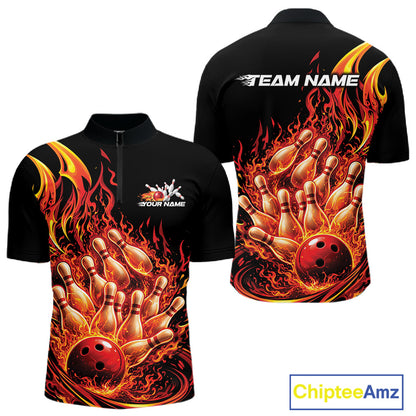 Front and back view men’s quarter-zip bowling shirt mockup featuring flaming bowling ball crashing into pins red fiery theme
